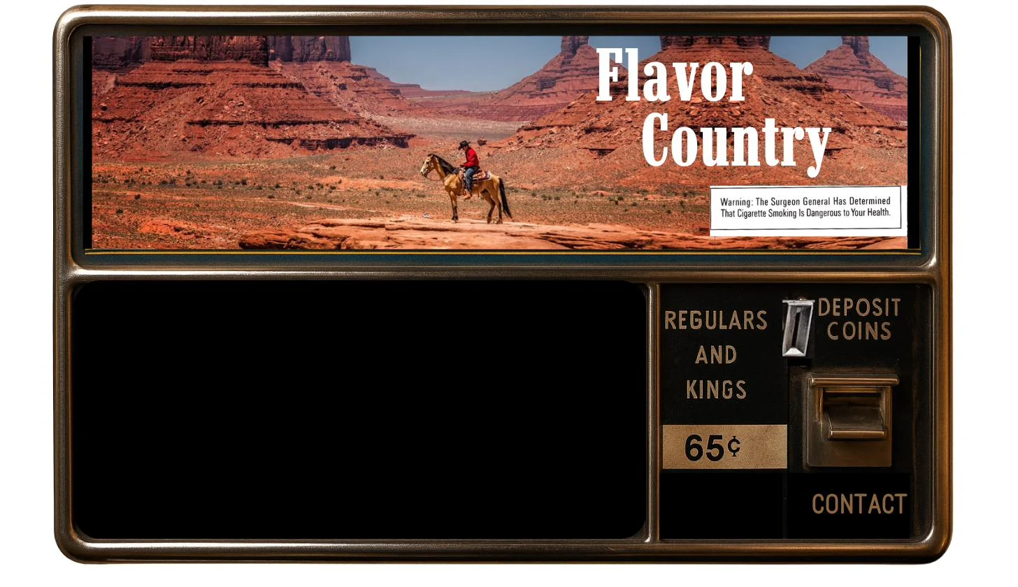 A vintage cigarette vending machine. The marquee reads Flavor Country over a desert with a lone rider.